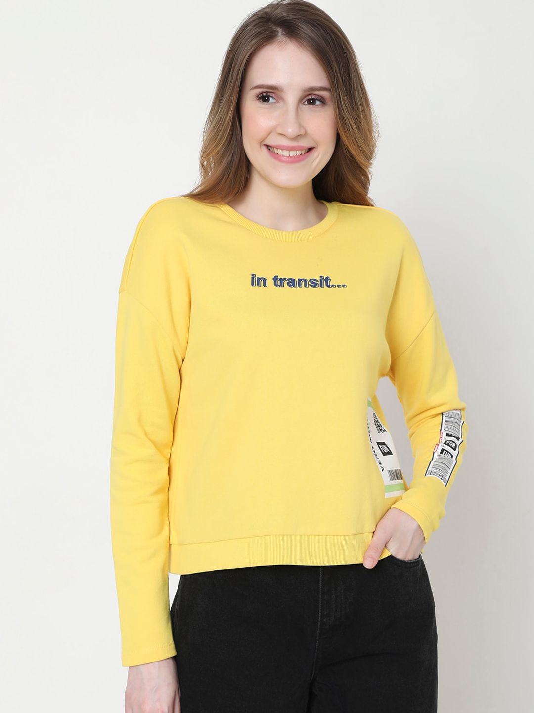 Vero Moda Women Yellow Printed Sweatshirt Price in India