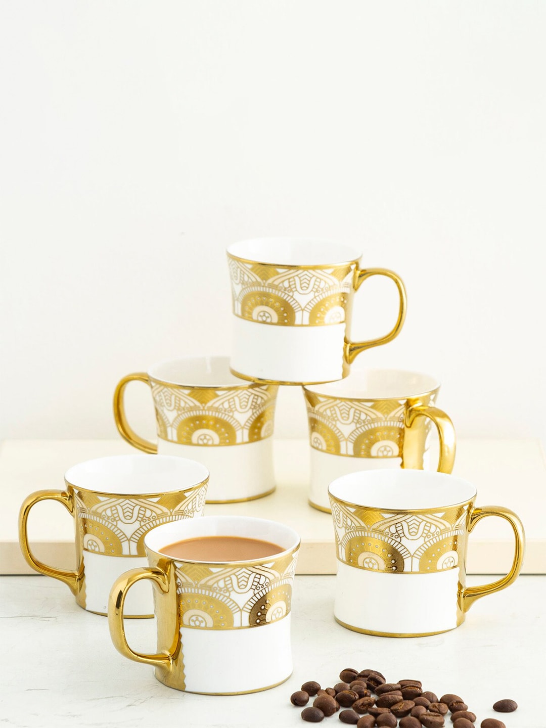 Home Centre 6 White & Gold-Toned Printed Bone China Glossy Cups Price in India