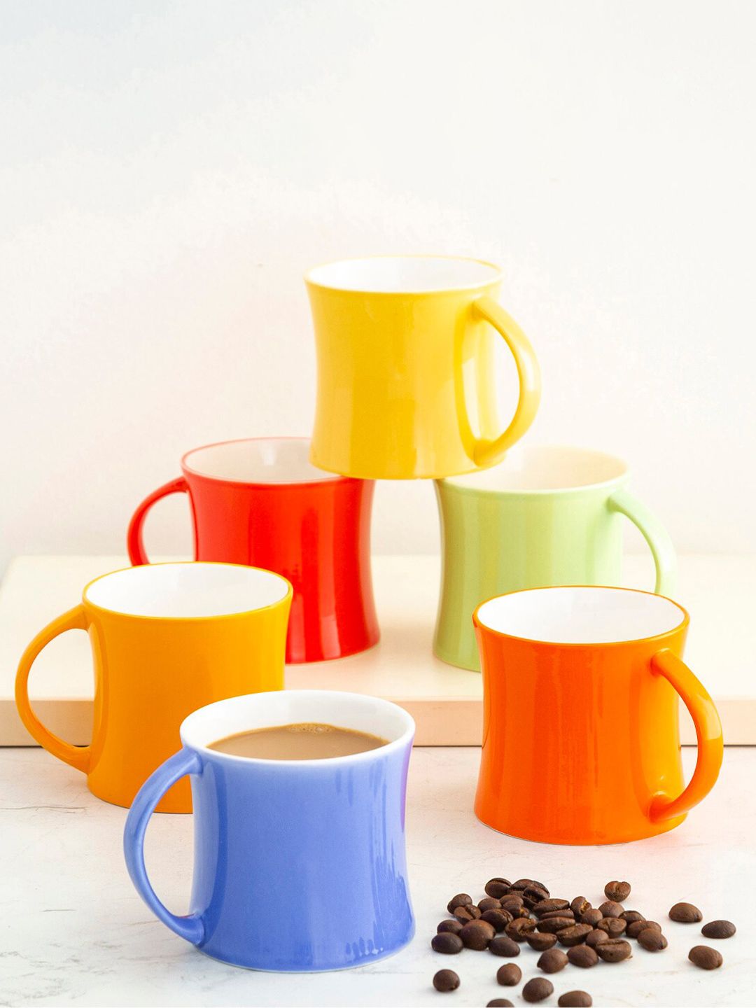 Home Centre Yellow & Blue Solid 6-Pieces Bone China Glossy Mugs Set Price in India