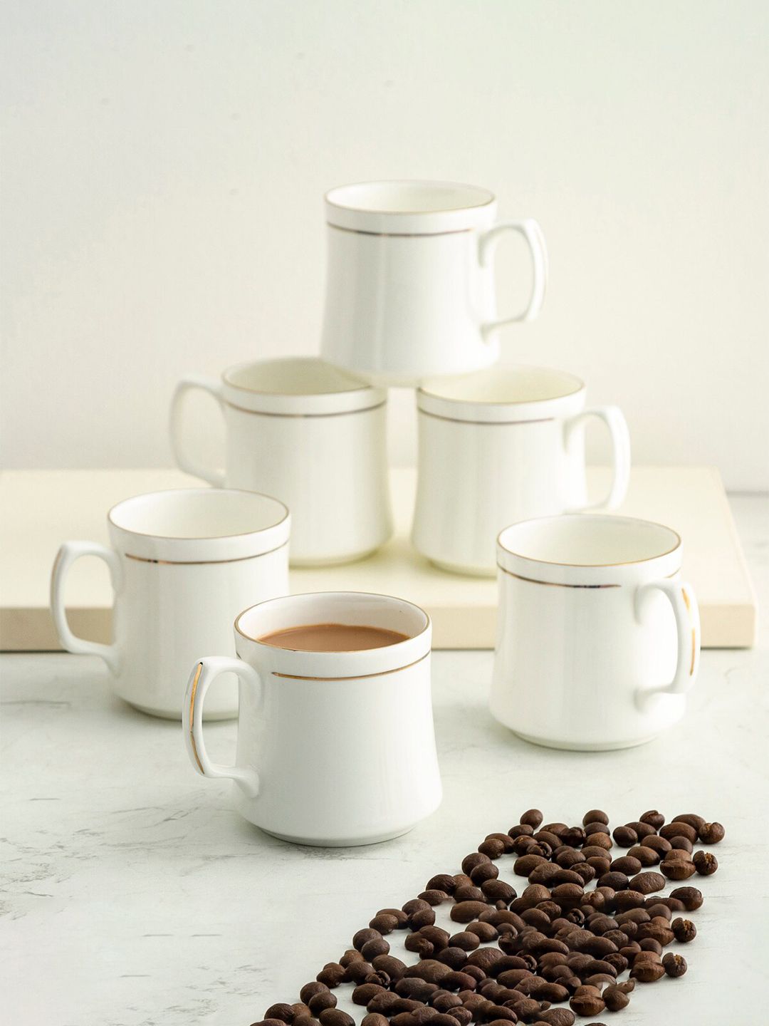 Home Centre White & Gold-Toned Solid 6-Pieces Bone China Glossy Mugs Set Price in India