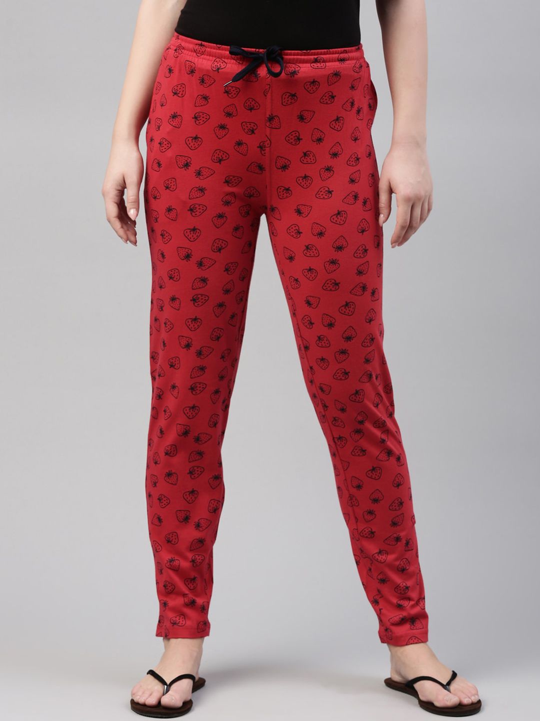 Kryptic Women Red & Black Printed Pure Cotton Lounge Pants Price in India