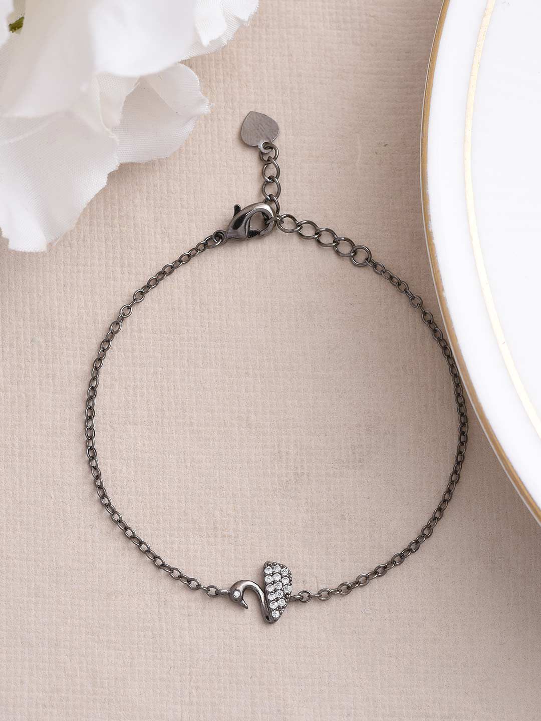 Tistabene Women Rhodium-Plated Silver-Toned & White Charm Bracelet Price in India