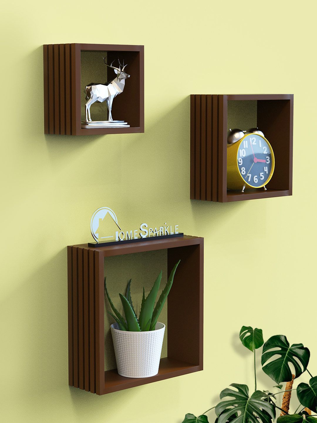 Home Sparkle Set Of 3 Brown Square Wall Mounted Floating Shelves Price in India