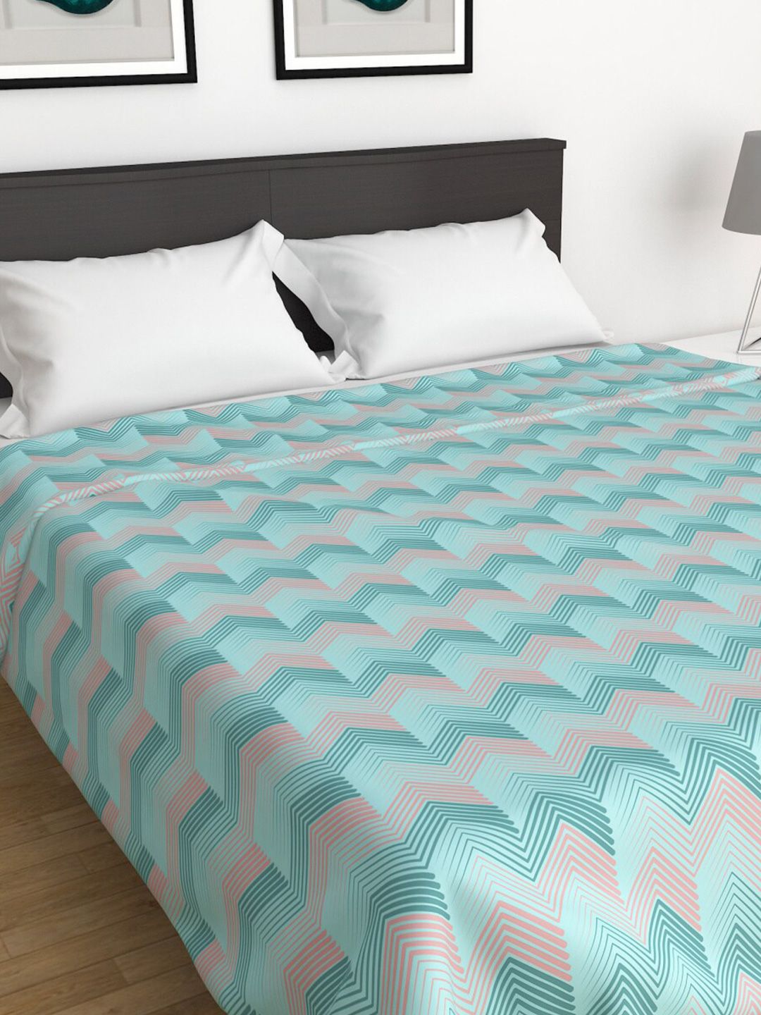 Home Centre Turquoise Blue & Pink Geometric Summer 350 GSM Double Bed Blanket Price in India