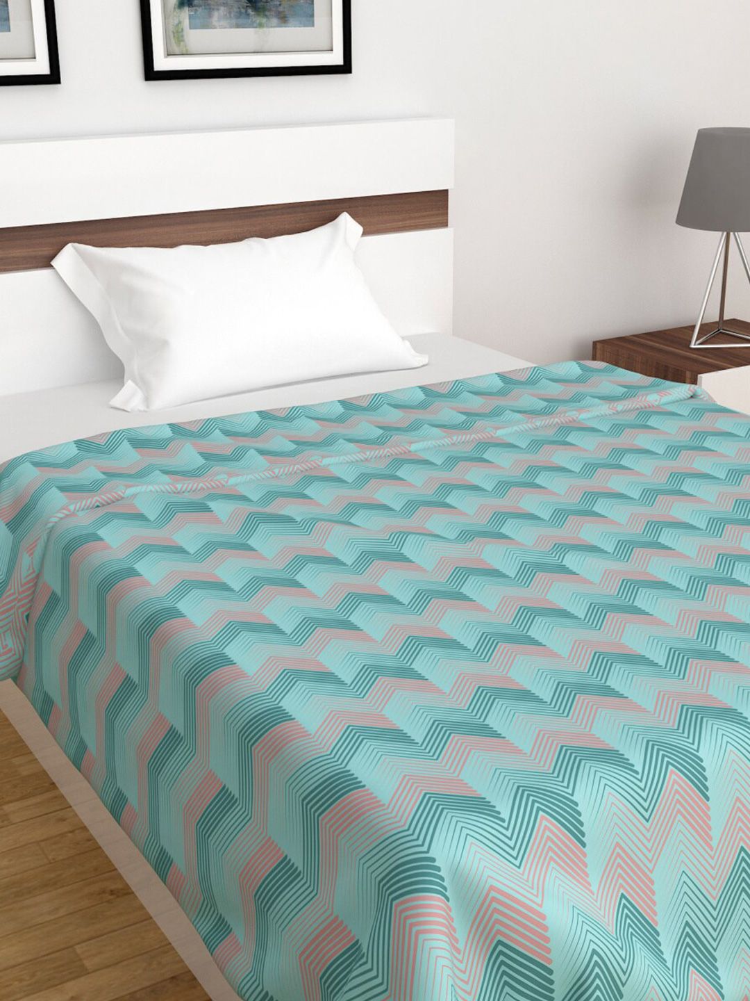 Home Centre Blue & Peach-Coloured Geometric Summer 350 GSM Single Bed Blanket Price in India
