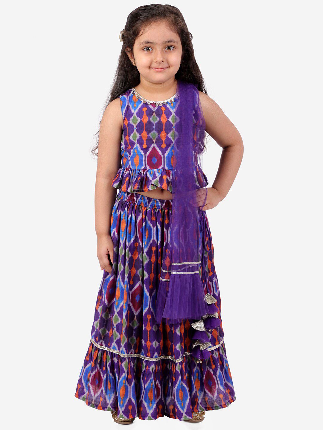 LIL DRAMA Girls Purple & Orange Printed Sequinned Ready to Wear Lehenga & Blouse With Dupatta
