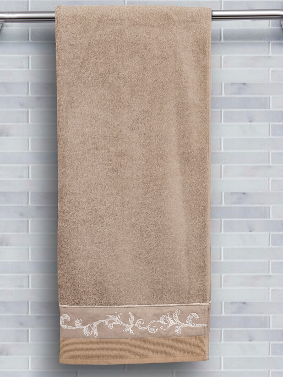 MASPAR Beige & White Embroidered Pure Cotton 550 GSM Bath Towel Price in India