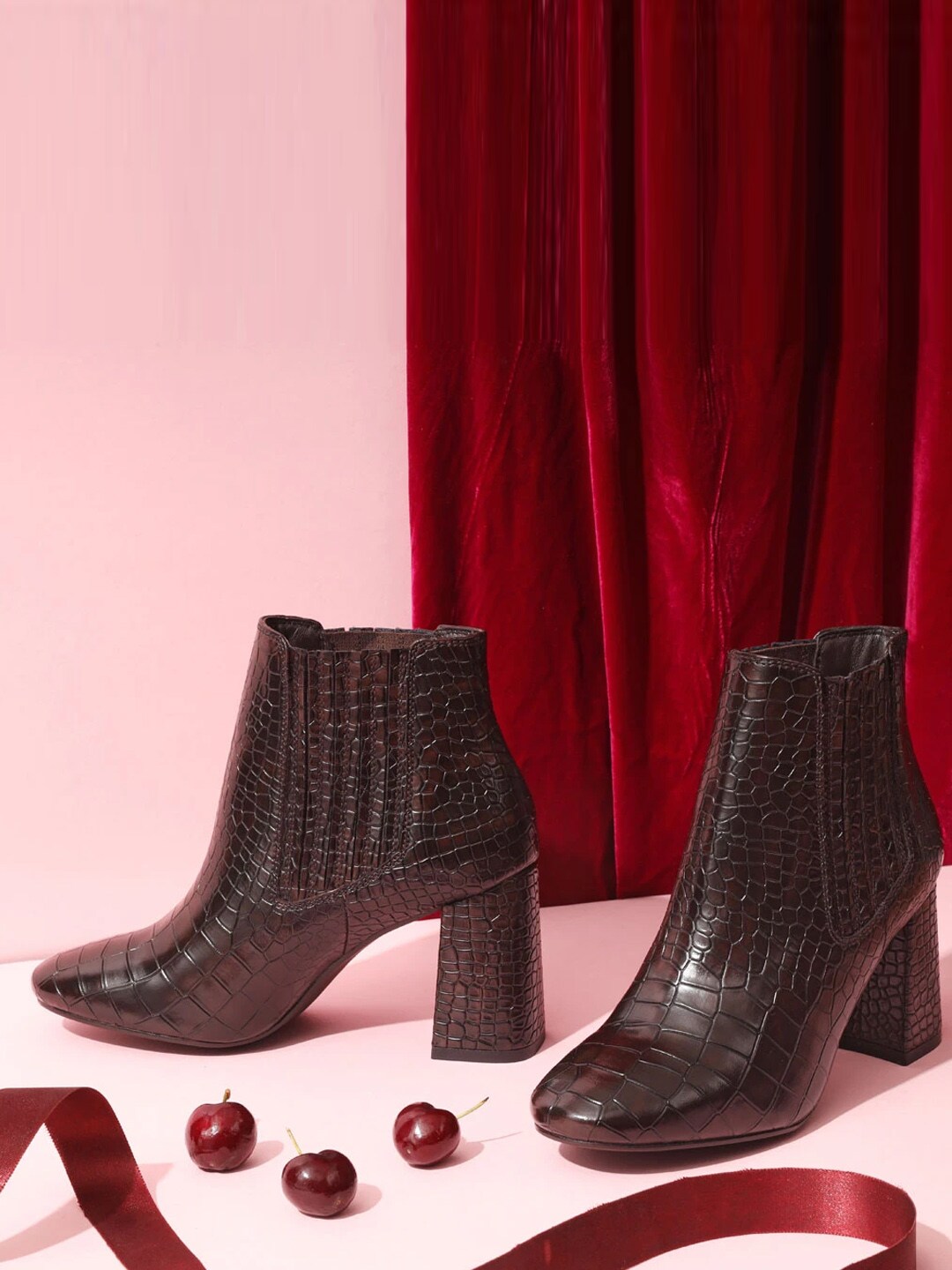 Saint G Brown Crocodile Skin Textured Leather Block Heeled Ankle Boots Price in India