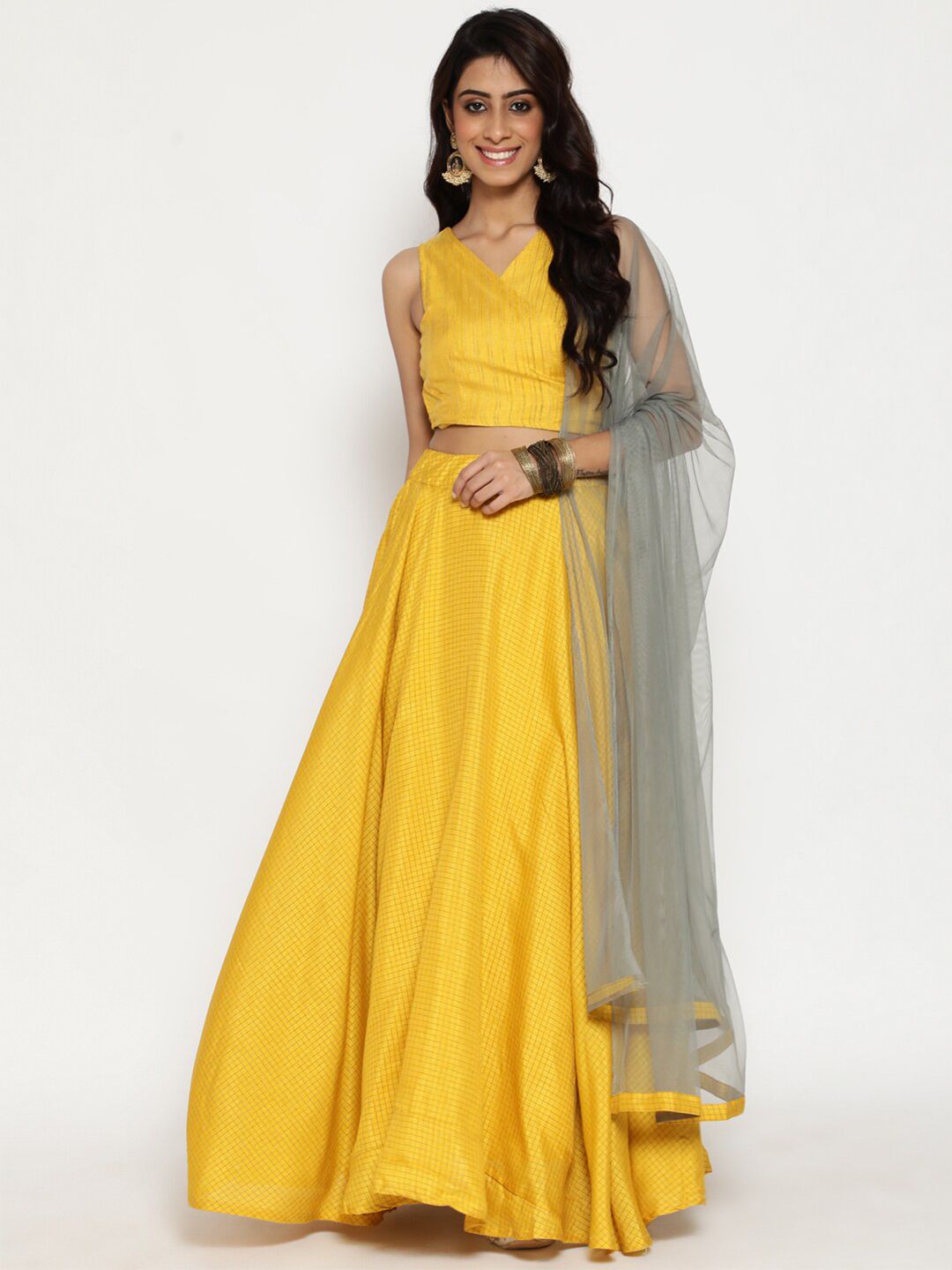 Luni Women Yellow & Grey Woven Design Lehenga & Choli With Dupatta Ready To Wear Set