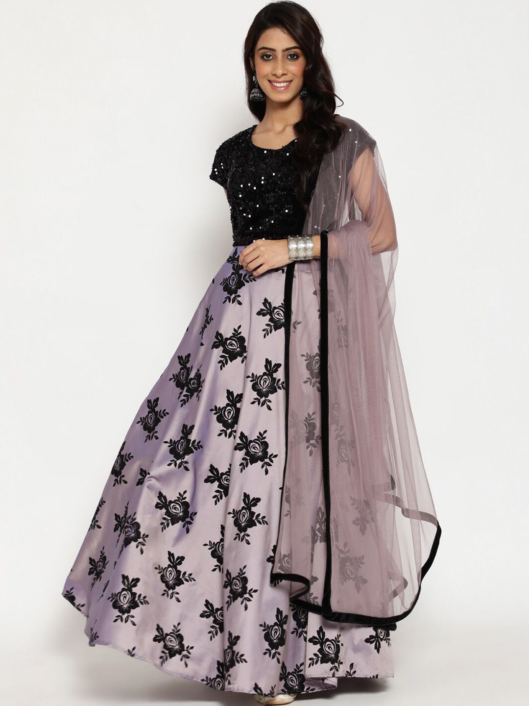 Luni Purple & Black Embellished Ready to Wear Velvet Lehenga & Blouse With Net Dupatta Price in India