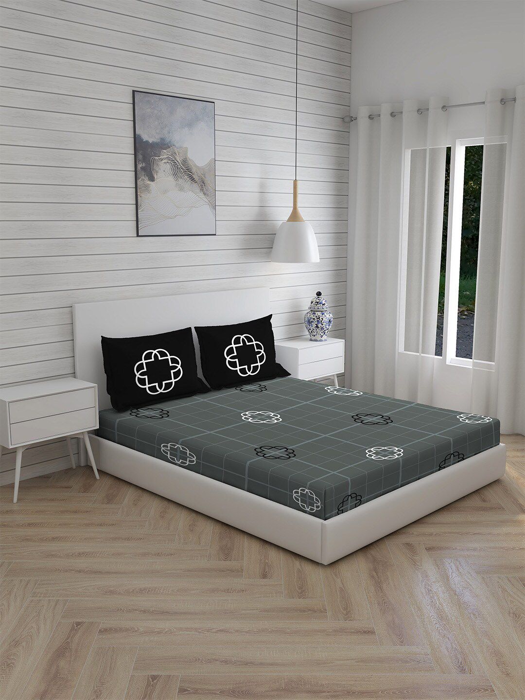 Boutique Living India Grey & White Geometric 300 TC King Bedsheet with 2 Pillow Covers Price in India