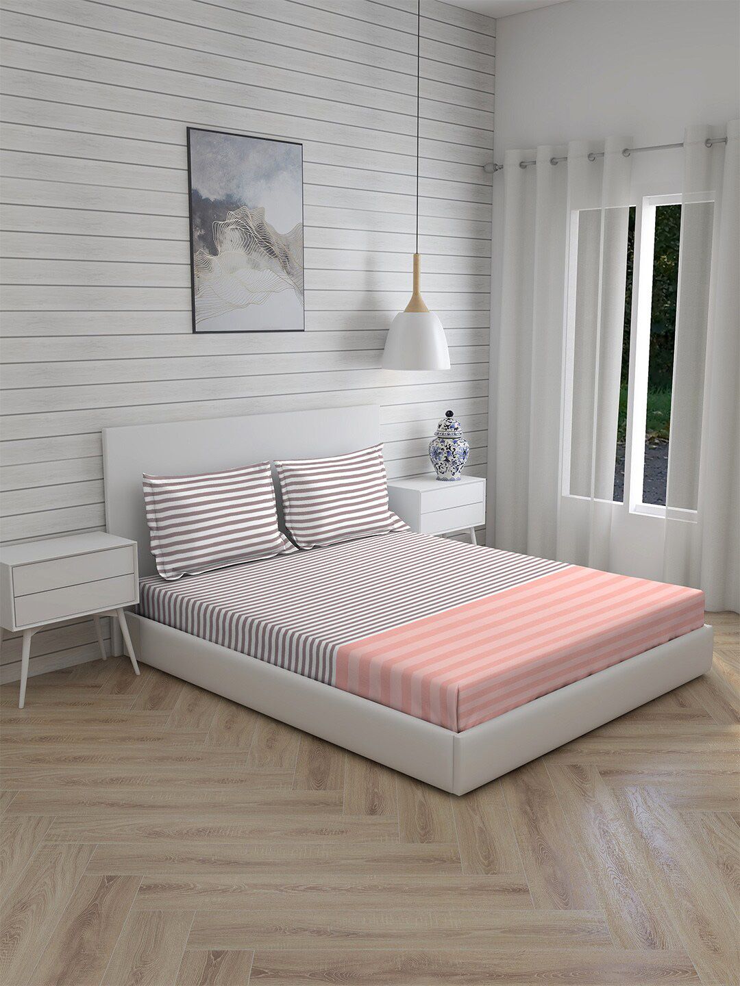 Boutique Living India Grey & Pink Striped 160 TC King Bedsheet with 2 Pillow Covers Price in India