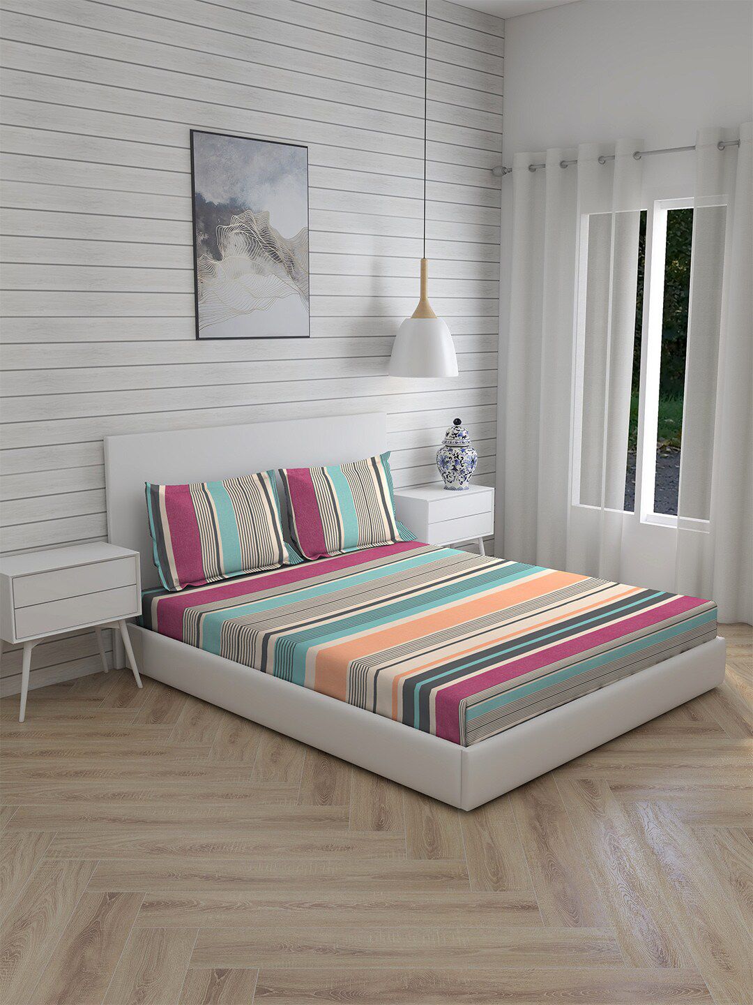 Boutique Living India Grey & Pink Striped 160 TC King Bedsheet with 2 Pillow Covers Price in India