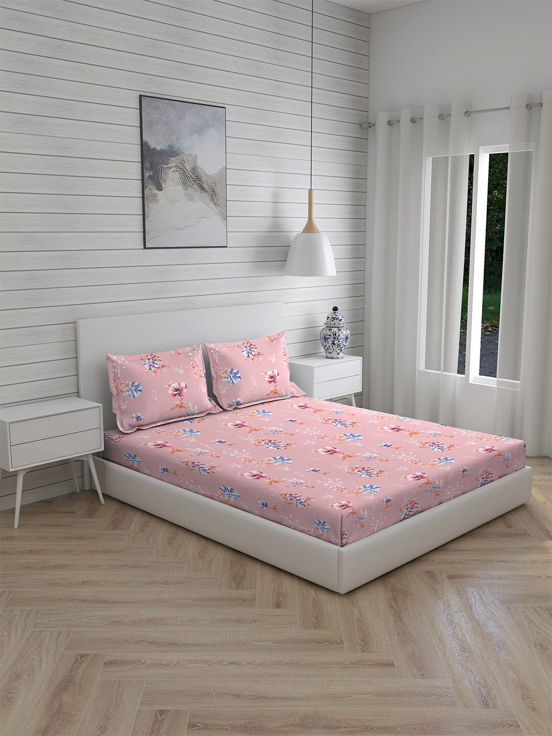 Boutique Living India Peach-Coloured & White Floral 160 TC King Bedsheet with 2 Pillow Covers Price in India