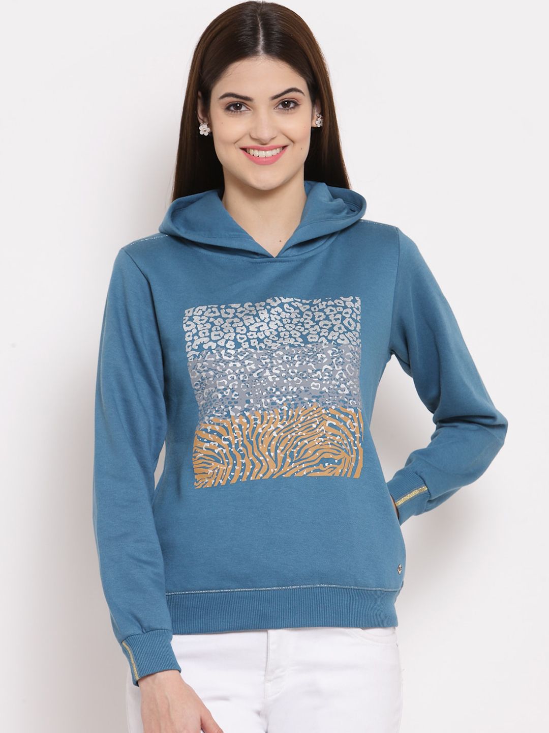 Juelle Women Blue Printed Hooded Sweatshirt Price in India
