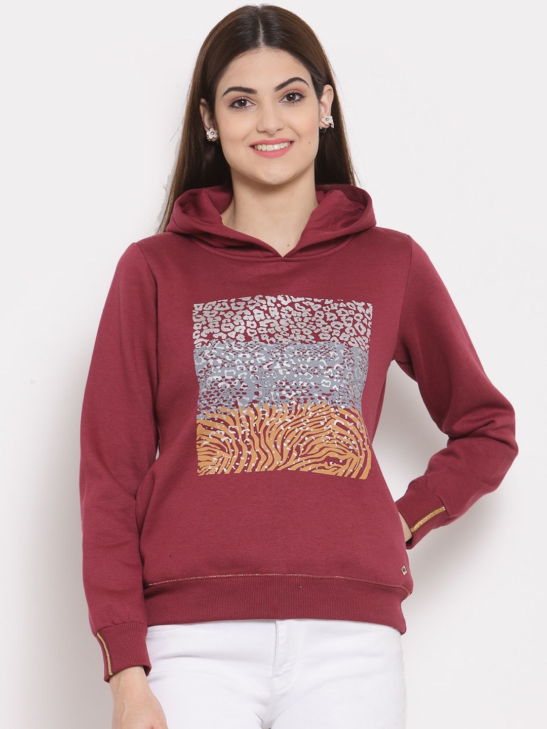 Juelle Women Maroon Printed Hooded Sweatshirt Price in India