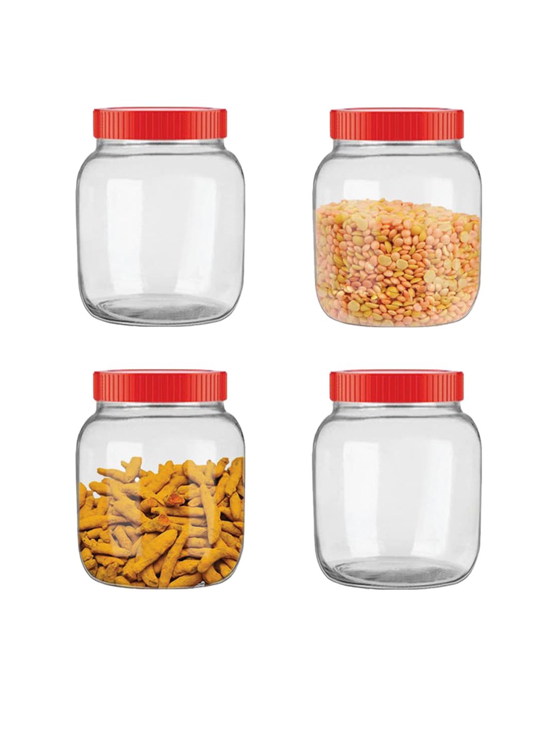 Home Centre Set Of 4 Transparent & Red Solid Air-Tight Glass Food Container Price in India