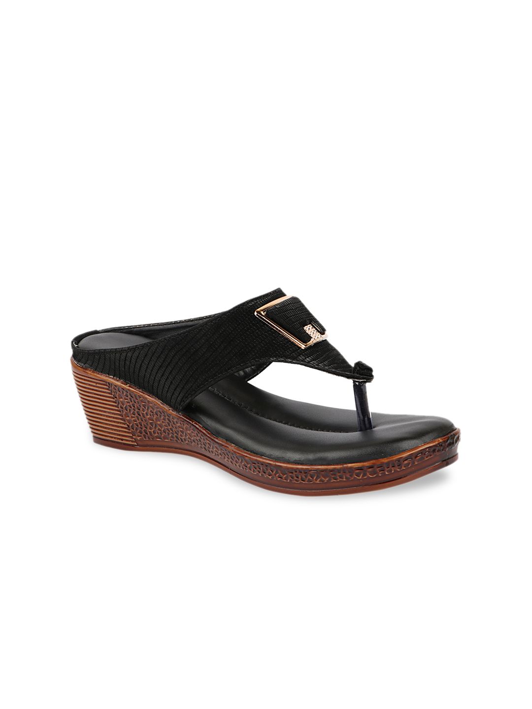 Shoetopia Black Textured Wedge Sandals Price in India