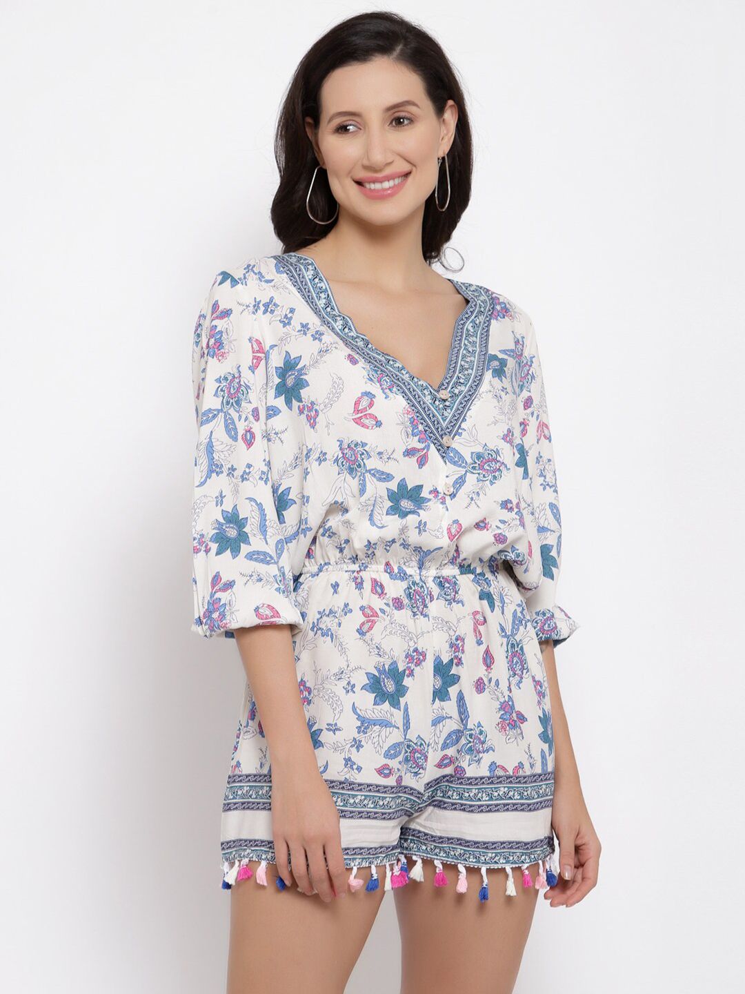 iki chic White & Blue Printed Jumpsuit Price in India