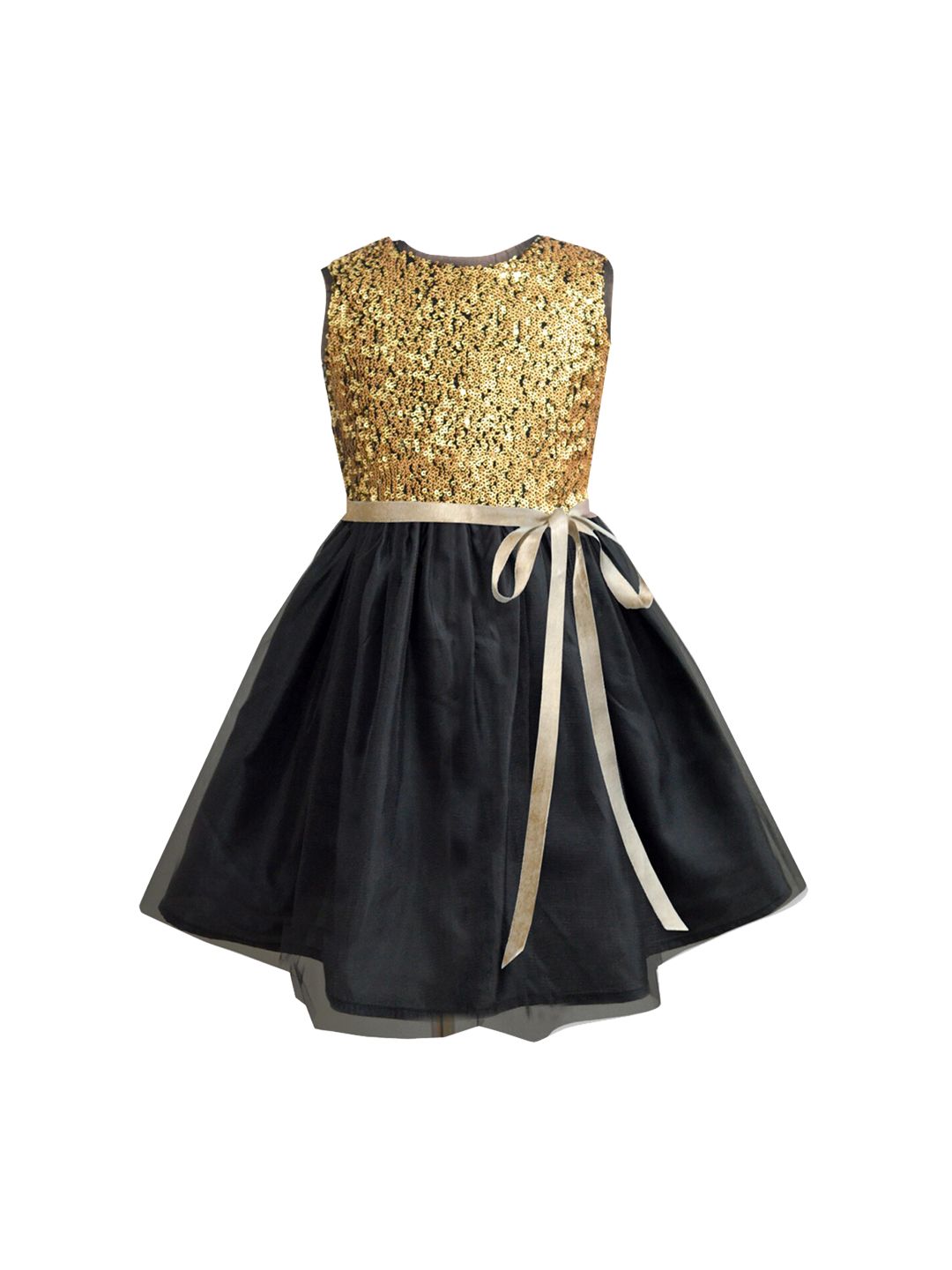 A T U N Girls Gold-Toned & Black Embellished Net Dress