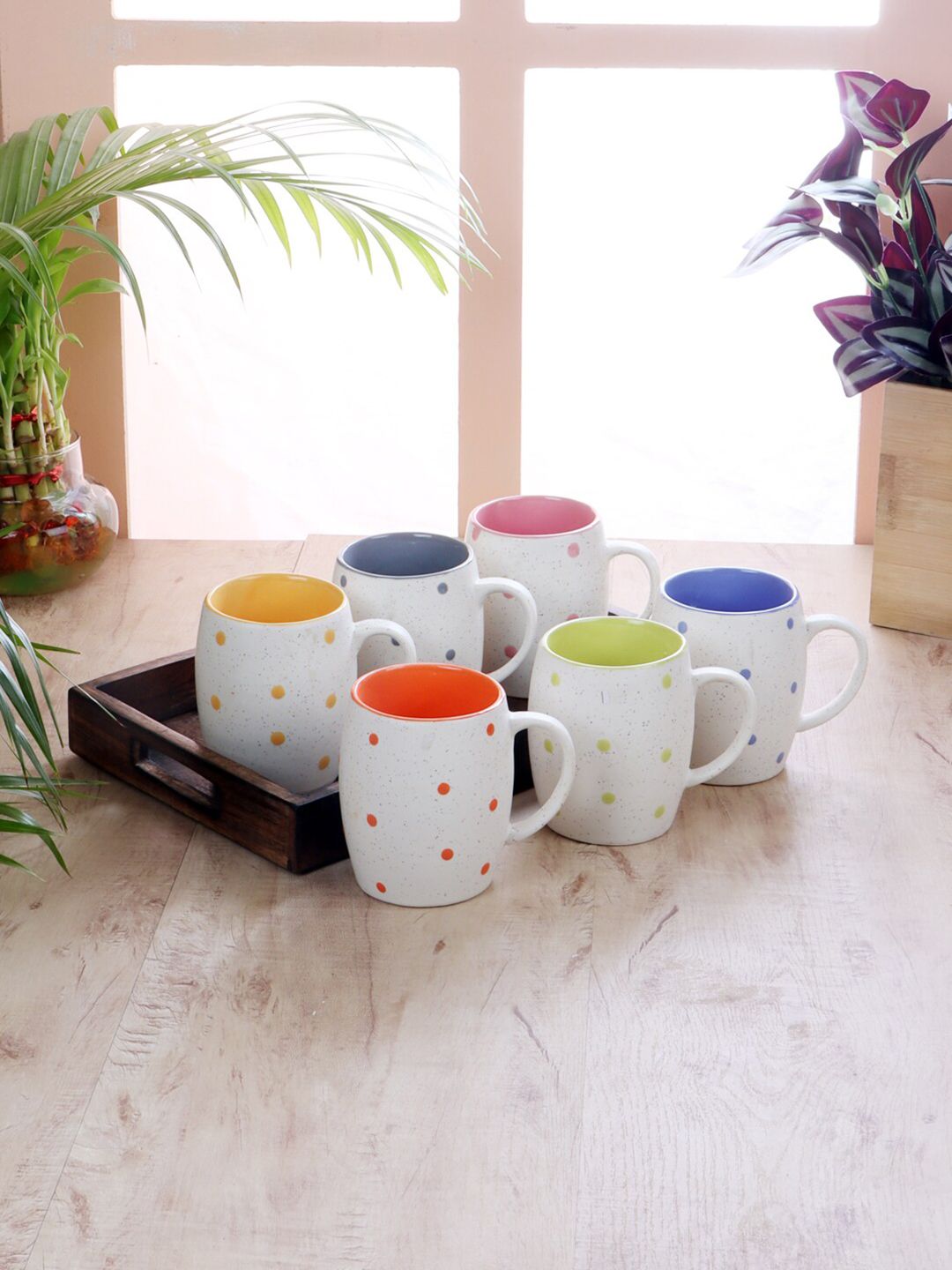 CDI Multicoloured Set of 6 Printed Ceramic Glossy Mugs with Wooden Tray Price in India