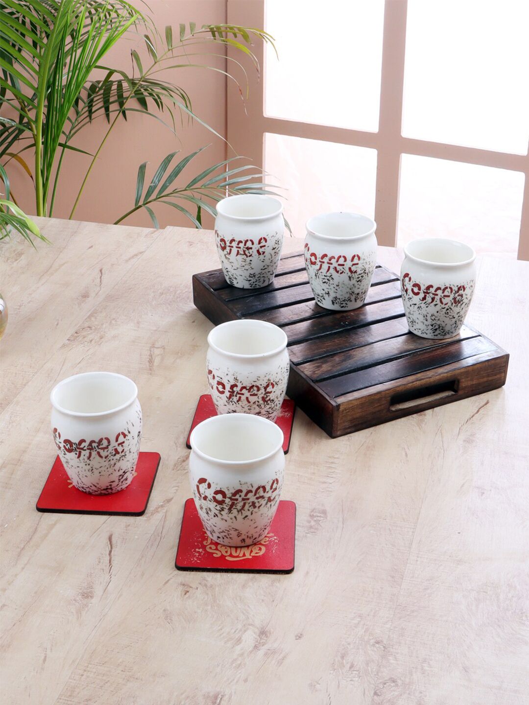 CDI Set Of 6 White & Brown Printed Ceramic Glossy Cups Price in India