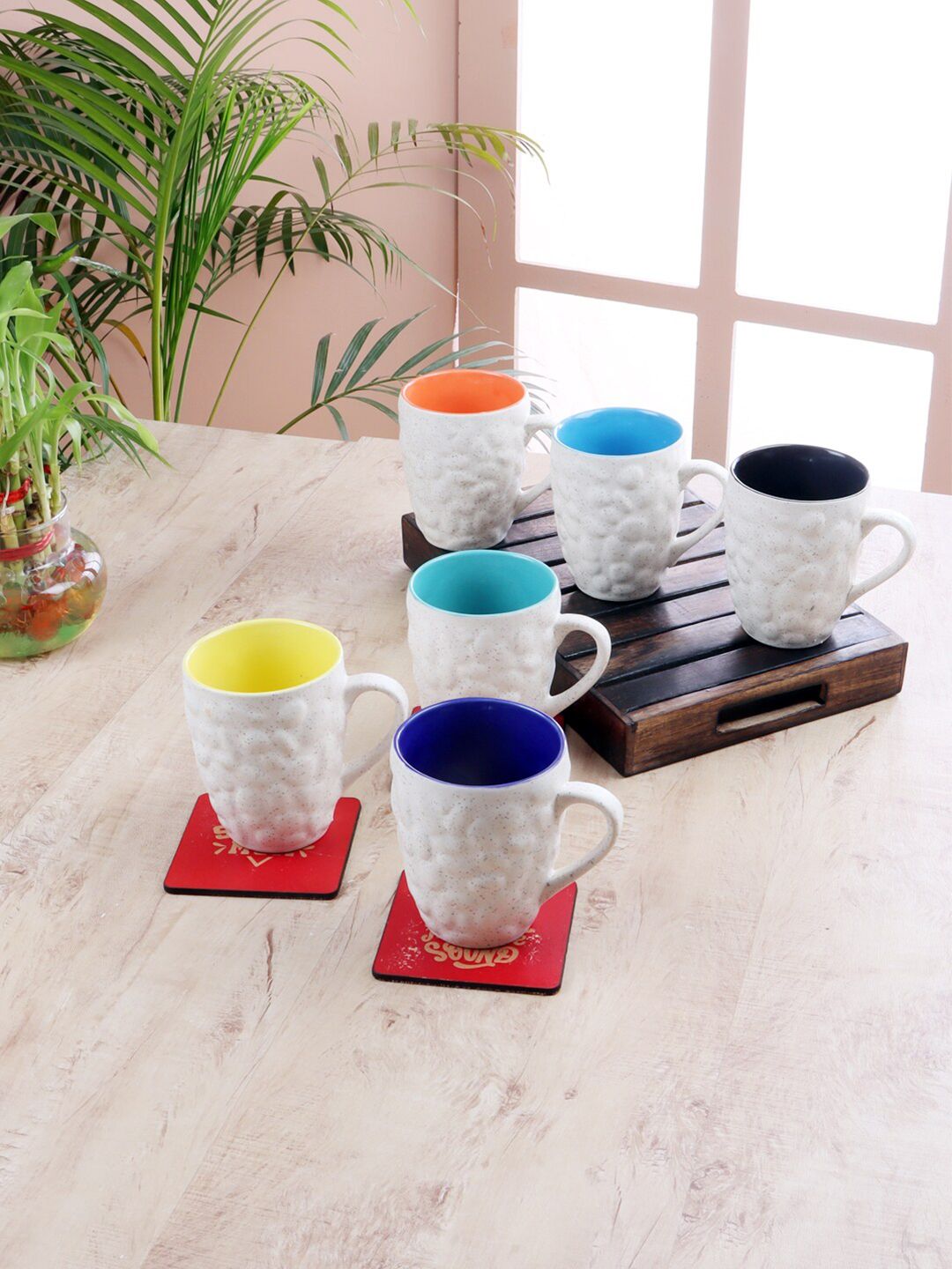 CDI White & Blue Textured Set of 6 Ceramic Glossy Mugs Price in India