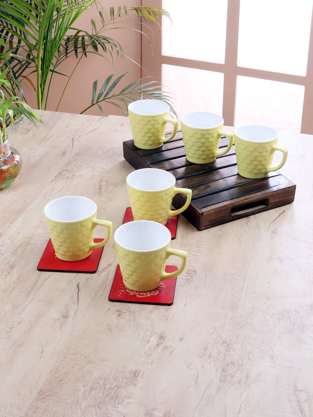 CDI Set of 6 Yellow & White Textured Ceramic Glossy Cups Price in India