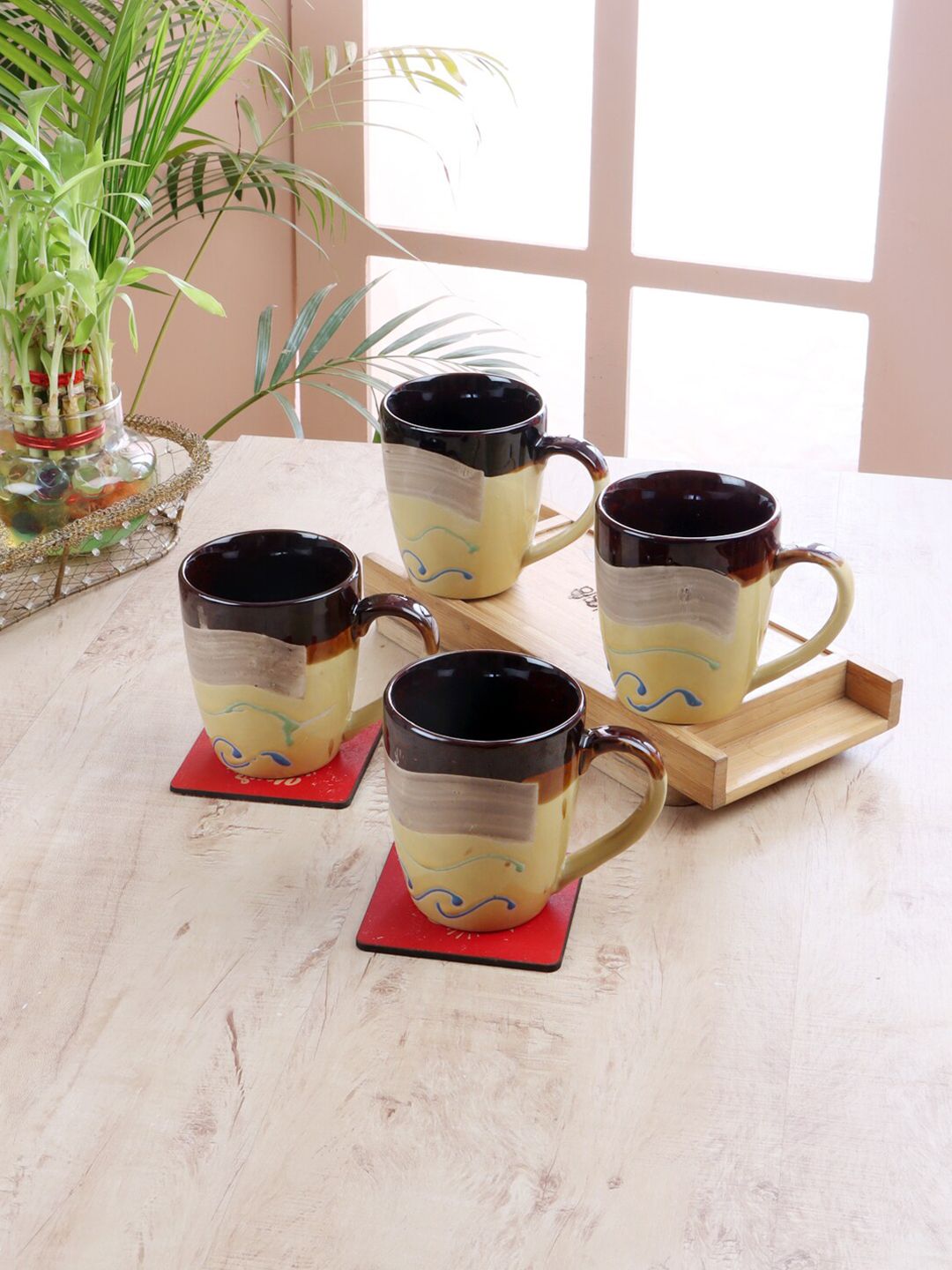 CDI Cream-Coloured & Brown Solid Set of 4 Ceramic Glossy Mugs Price in India