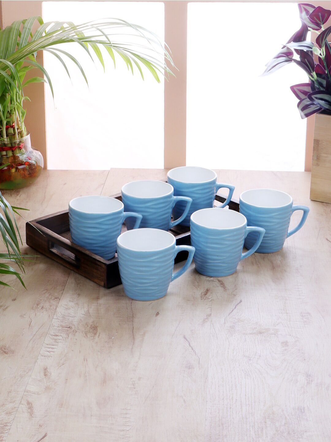 CDI Blue & White Textured 6-Pieces Ceramic Matte Cups Set with Tray Price in India