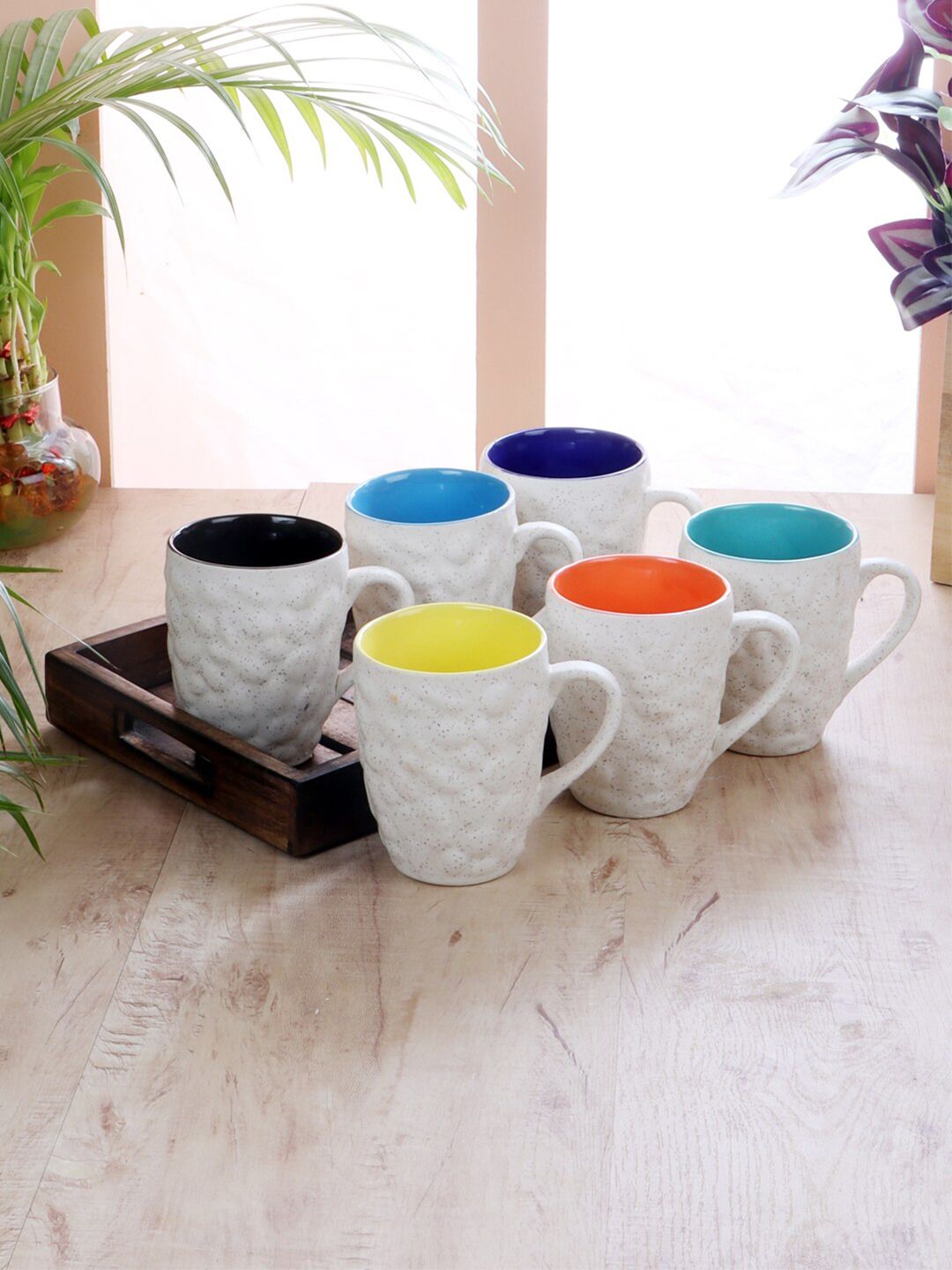 CDI Set of 6 White & Blue Solid Ceramic Glossy Cups with Wooden Tray Price in India