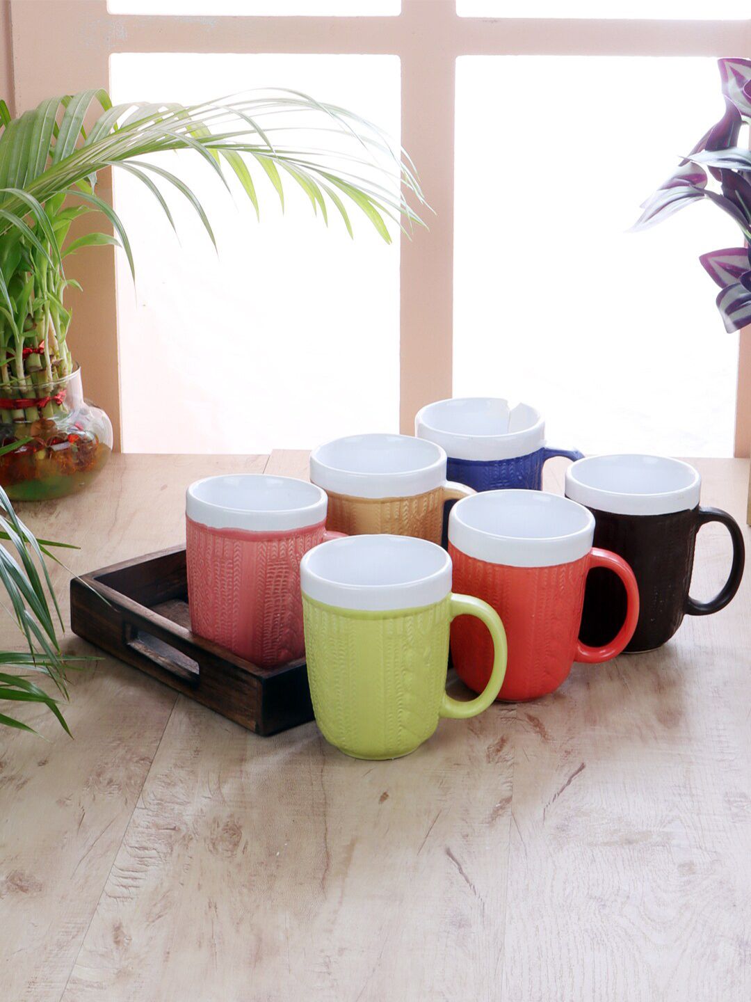CDI Set Of 6 Solid Ceramic Matte Cups with Wooden Tray Price in India