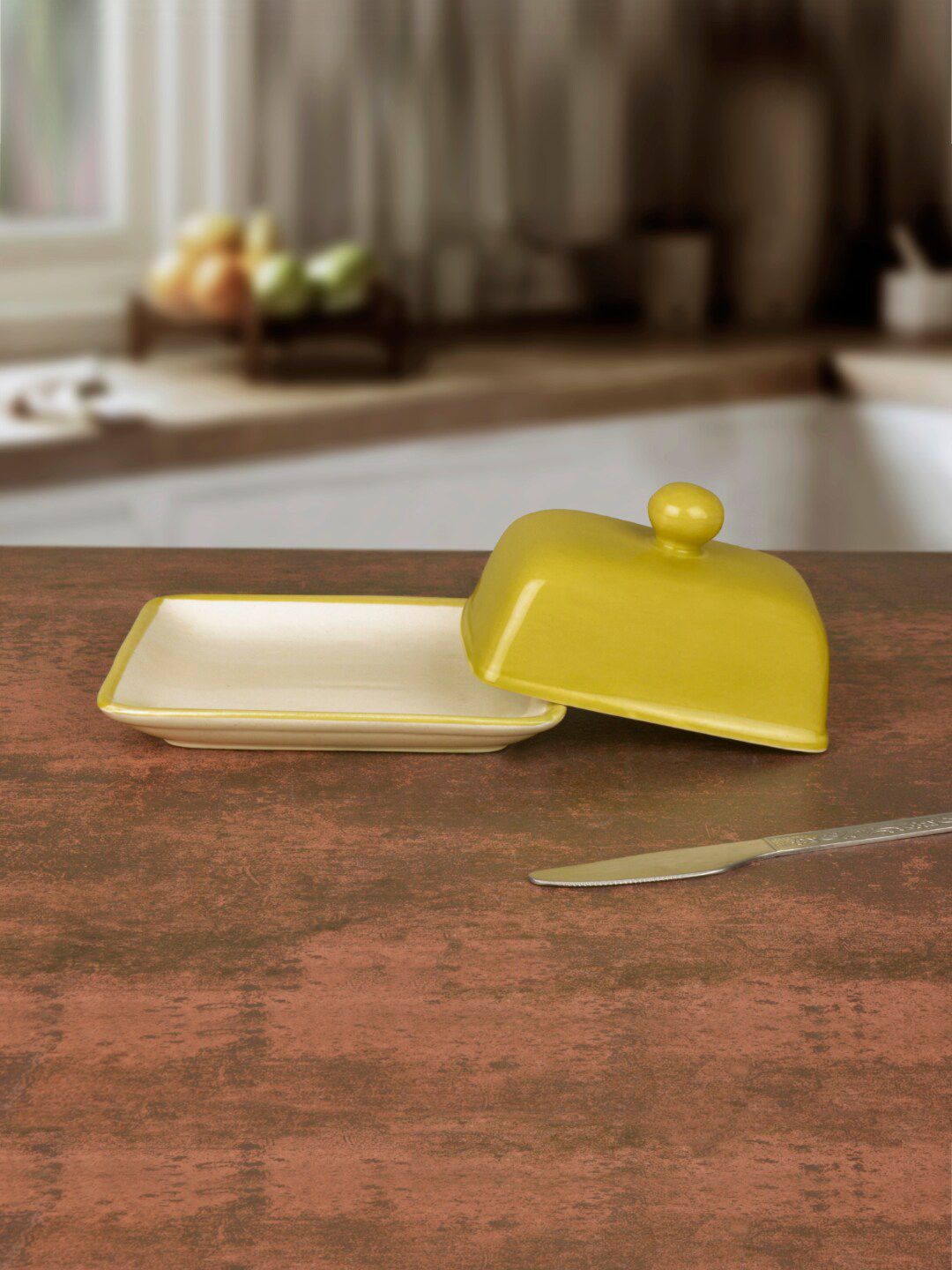 StyleMyWay Lime Green Glazed Ceramic Butter Dish with Lid Price in India