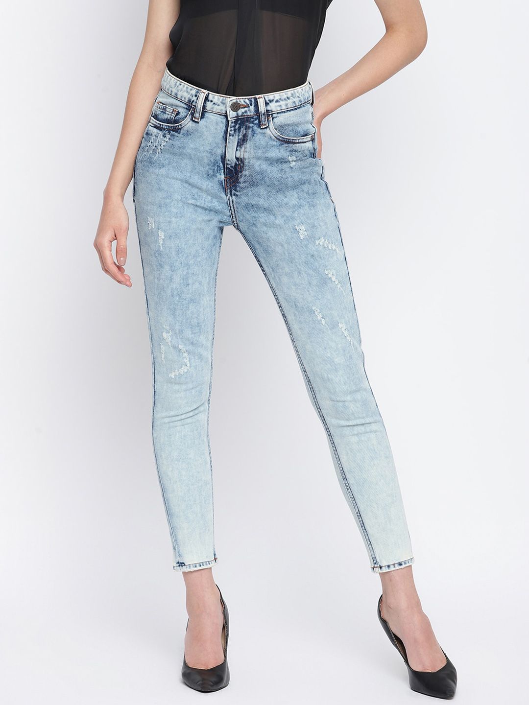 TALES & STORIES Women Blue Skinny Fit Low Distress Heavy Fade Stretchable Jeans Price in India