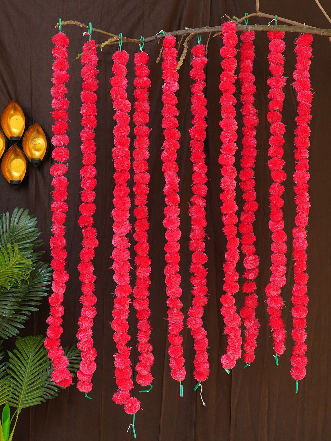 TIED RIBBONS Red Set of 10 Diwali Marigold Flowers Garland Price in India