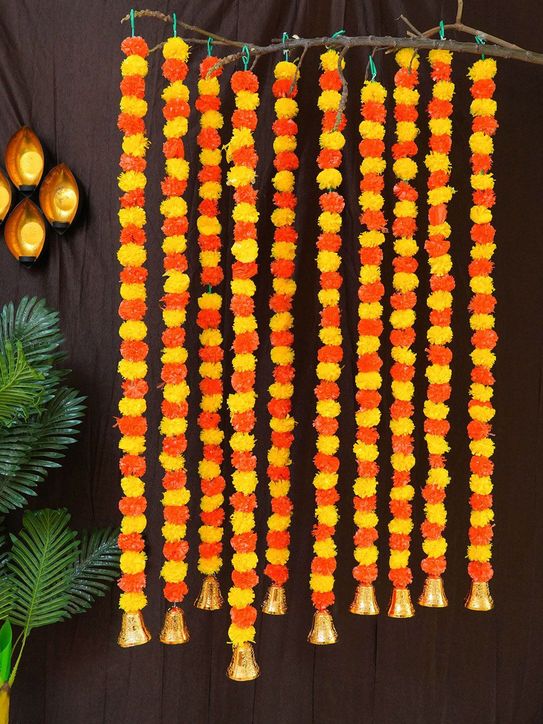 TIED RIBBONS Orange & Yellow Set of 10 Diwali Marigold Flowers Garland Price in India