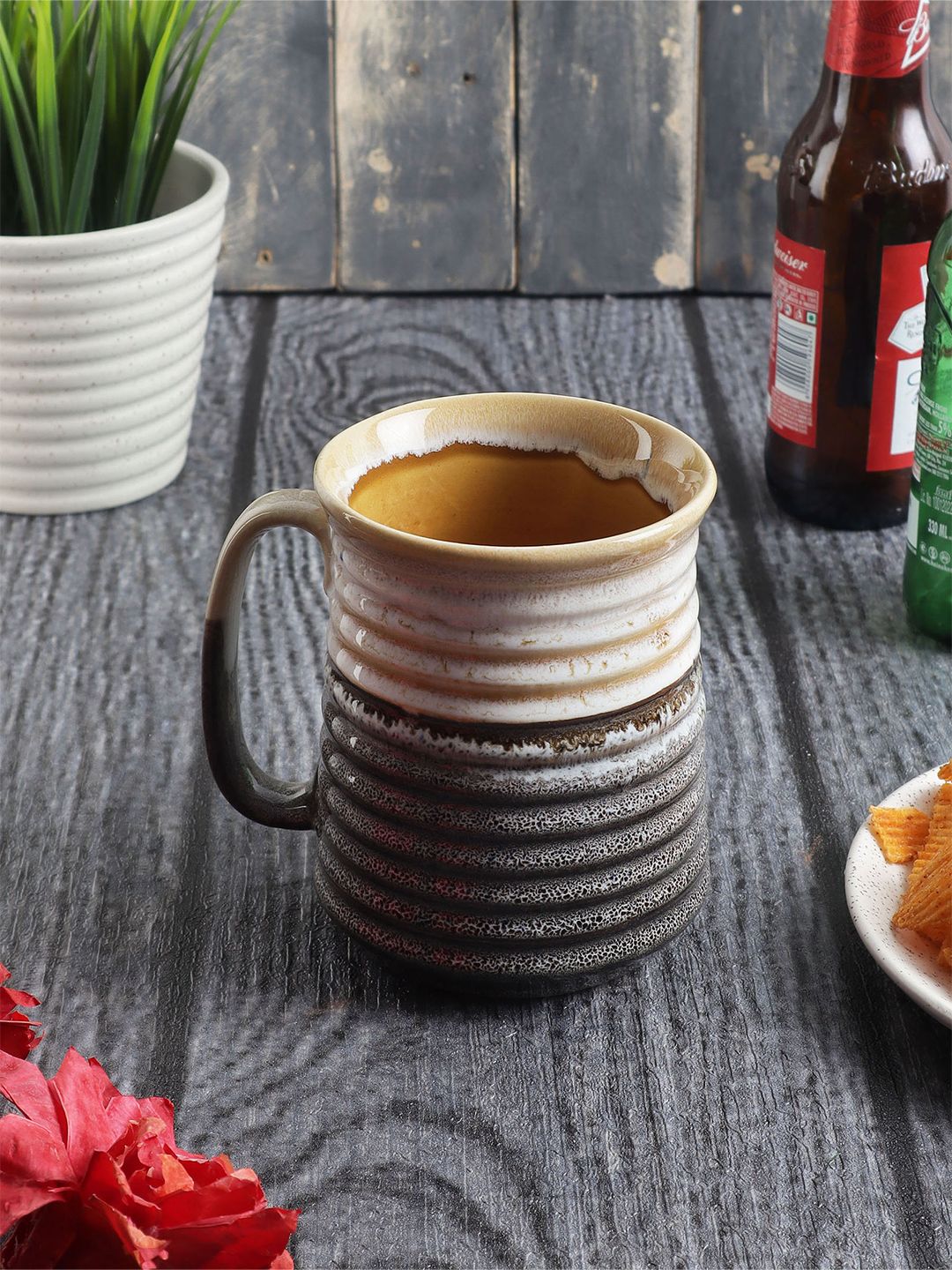 MIAH Decor Grey & Cream-Coloured Handcrafted & Hand Painted Stoneware Glossy Mug Price in India