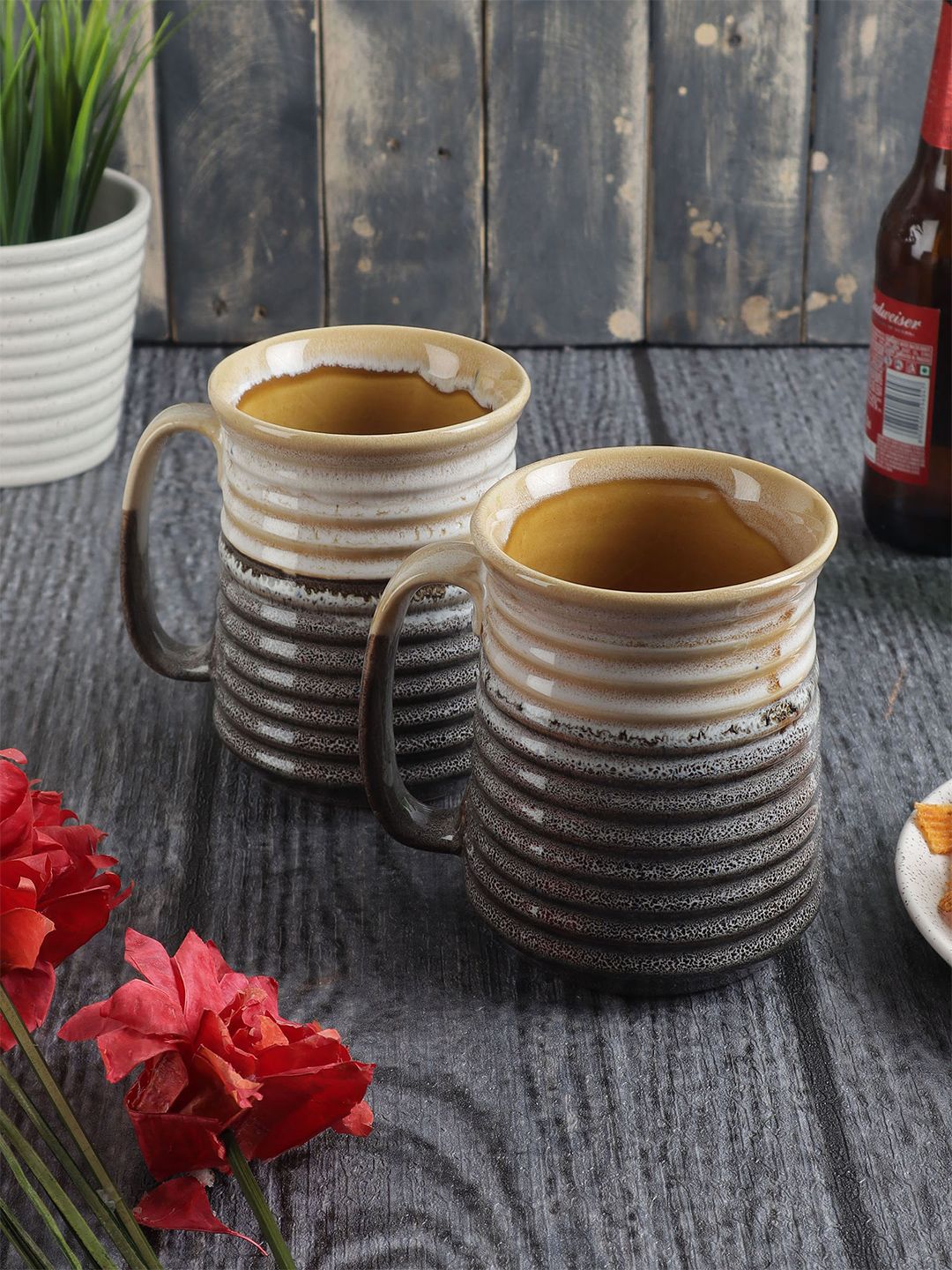 MIAH Decor Grey & Cream-Coloured Hand Painted Textured Stoneware Glossy Mugs Set Price in India