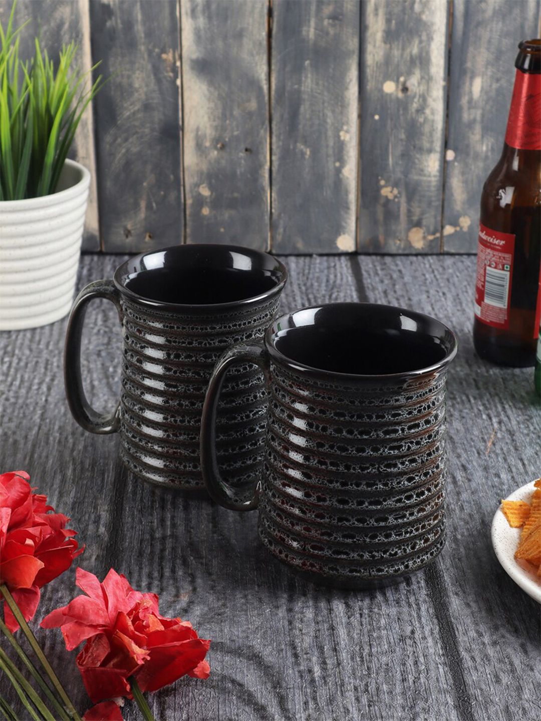 MIAH Decor Set Of 2 Grey & Brown Handcrafted Textured Stoneware Glossy Mugs Price in India