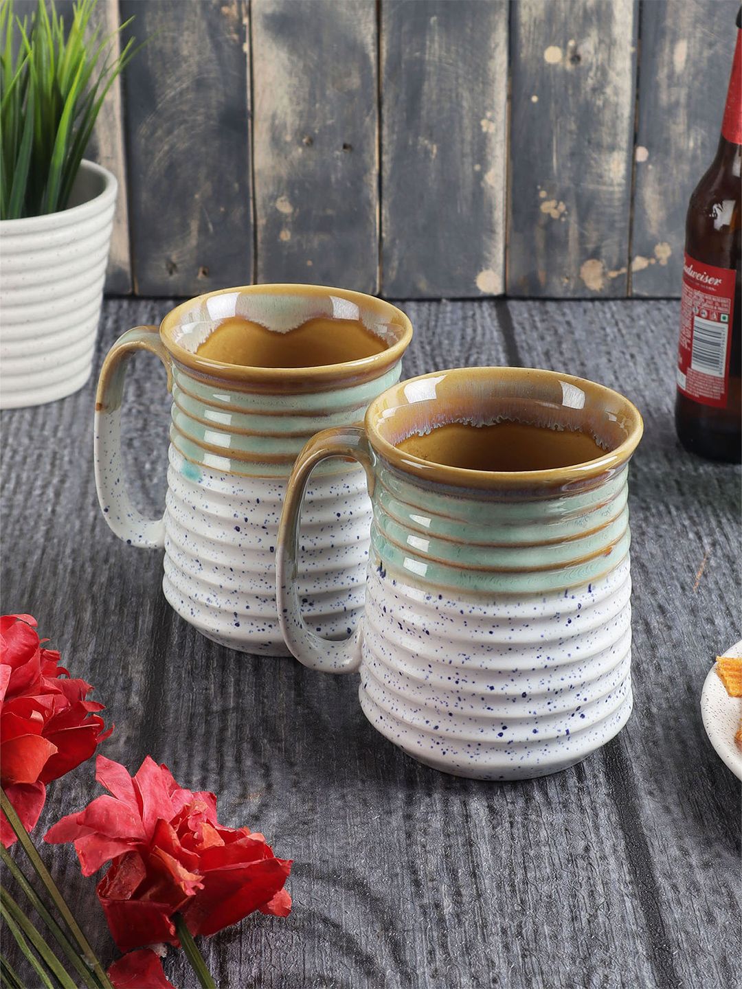 MIAH Decor Set Of 2 Green & Brown Handcrafted and Hand Painted Stoneware Glossy Mugs Price in India