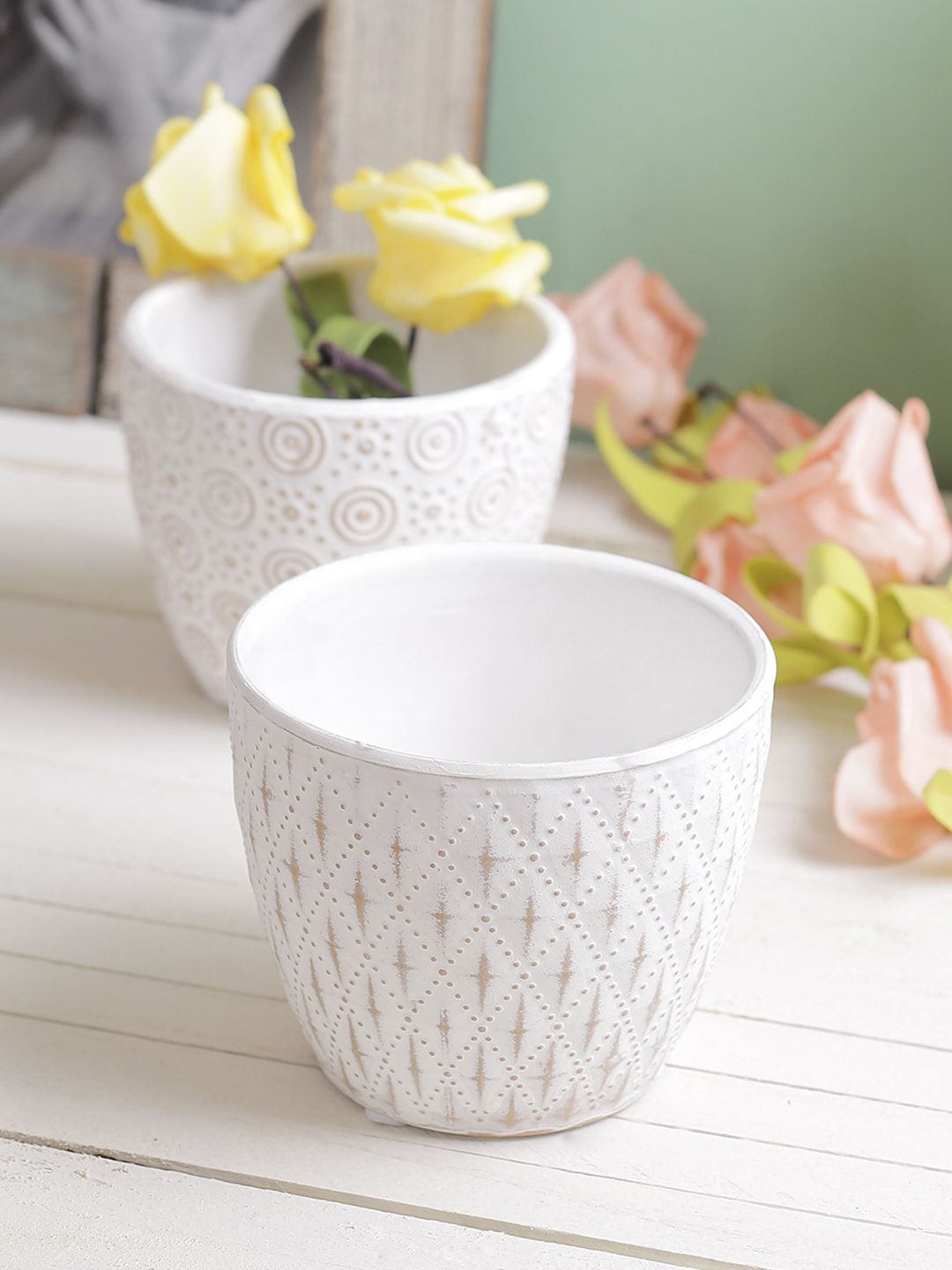 TAYHAA Set Of 2 White & Beige Set Of 2 Textured Handcrafted Planter Pots Price in India