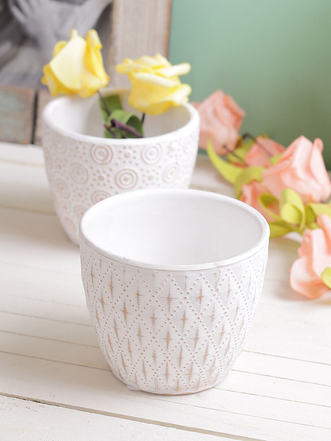 TAYHAA White & Beige Textured Handcrafted Planter Price in India