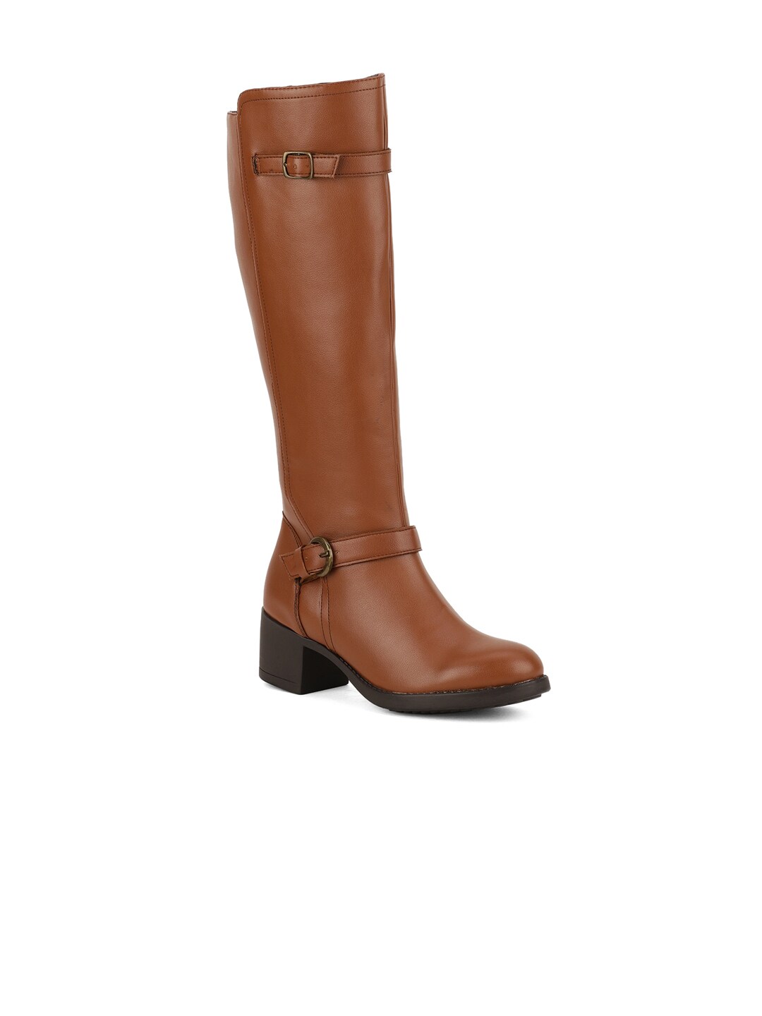 Bruno Manetti Tan Leather Block Heeled Boots with Buckles Price in India