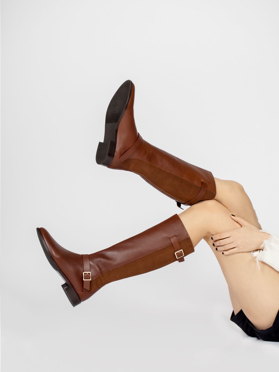 Saint G Brown Cuoio Crust Leather Buckle Decor Knee High Boots Price in India