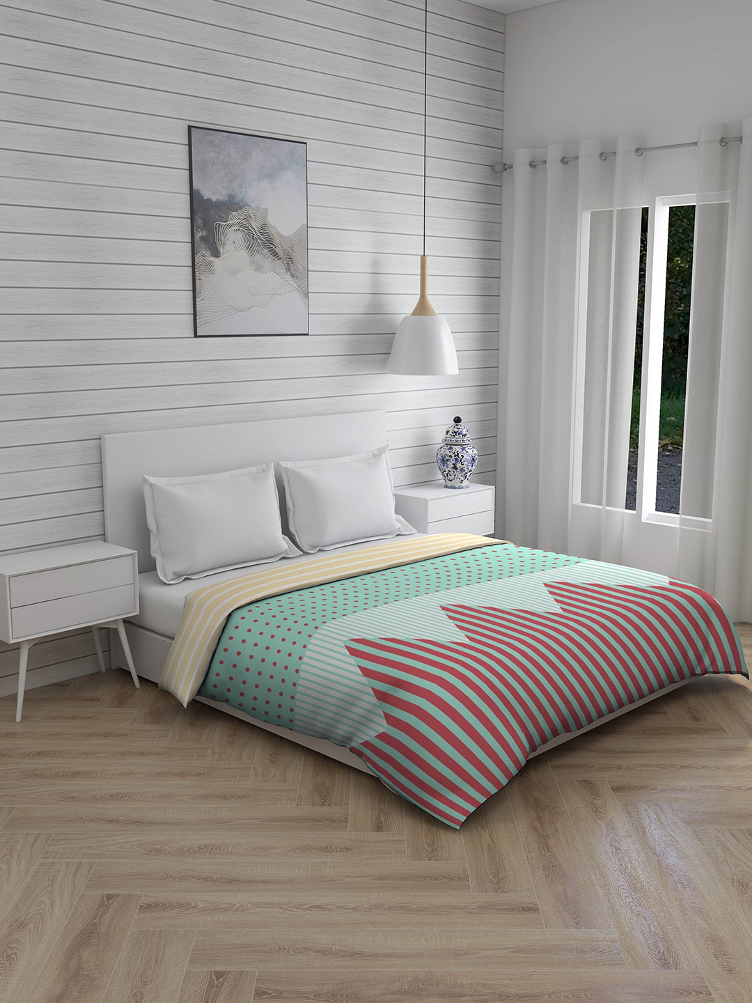 Boutique Living India White & Green Geometric AC Room 120 GSM Double Bed Comforter Price in India