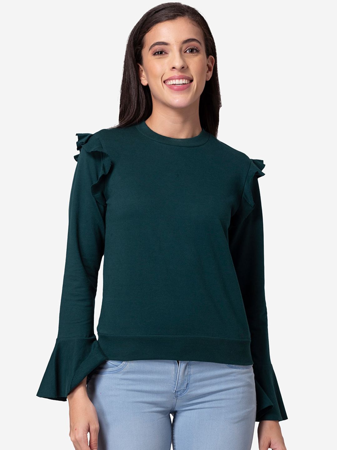 DEEBACO Women Green Classic Ruffled Sweatshirt Price in India