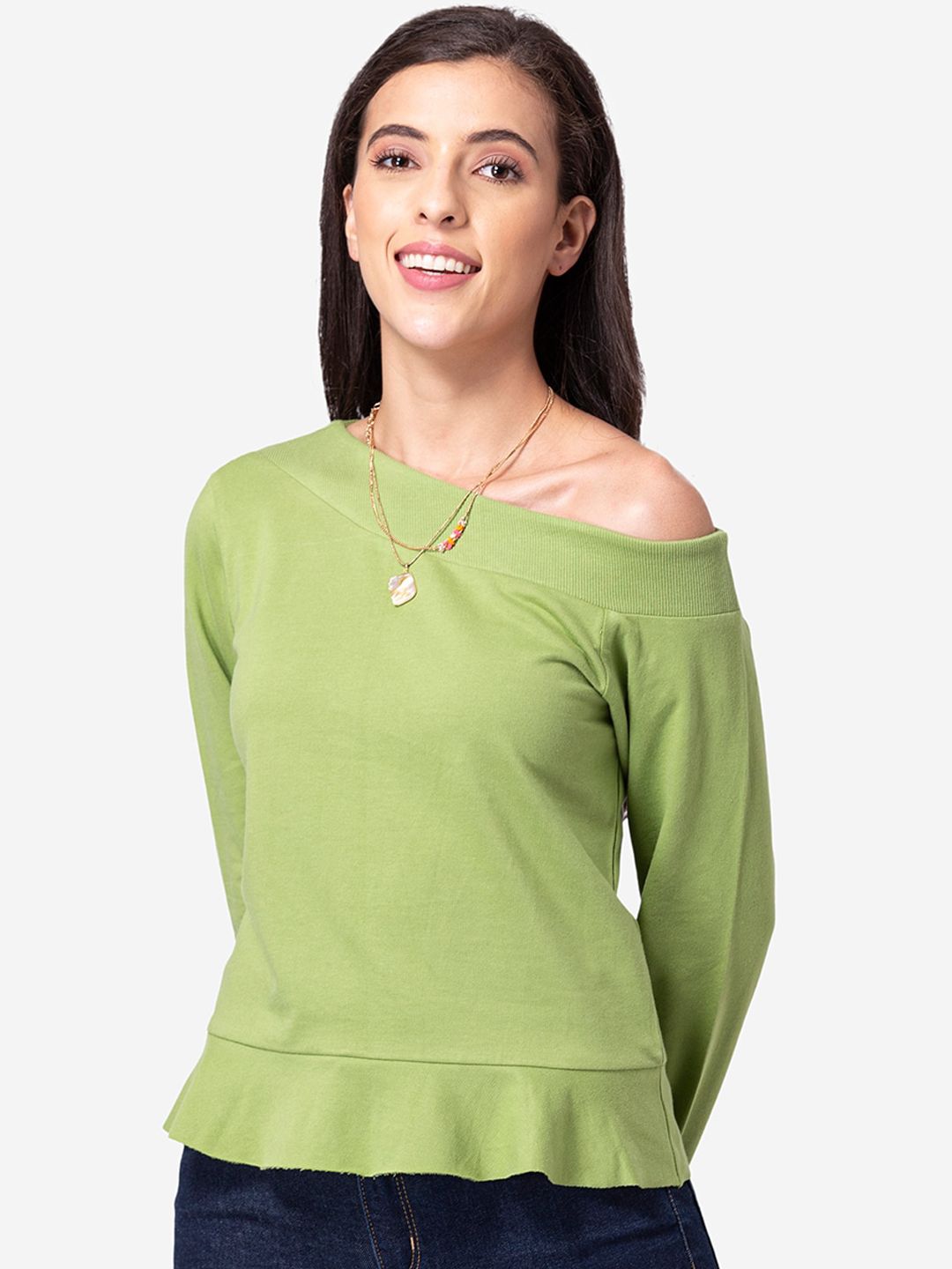 DEEBACO Women Olive Green One-Shoulder Sweatshirt Price in India