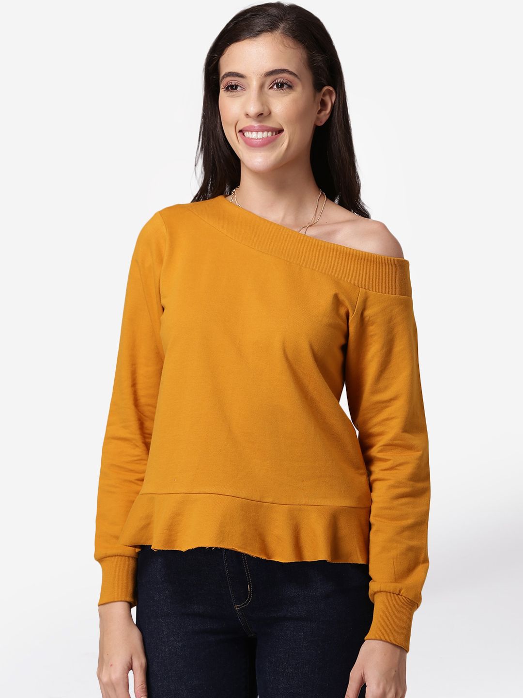 DEEBACO Women Mustard Yellow One-Shoulder Sweatshirt Price in India