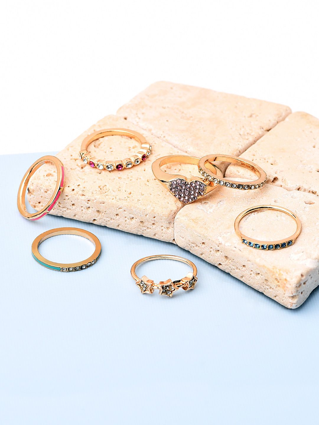 Accessorize Set Of 7 Gold-Toned White Crystal-Studded Finger Rings Price in India