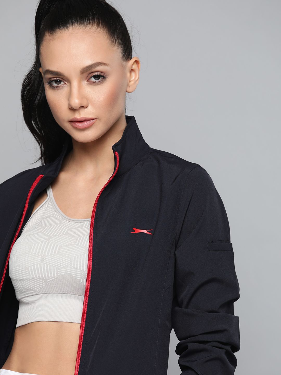 Slazenger Women Navy Blue Brand Logo Running Tailored Rapid-Dry Jacket Price in India